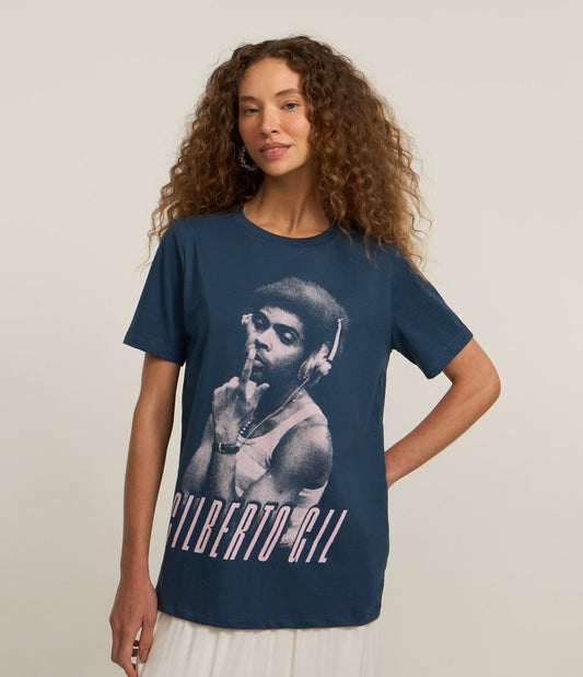 Camiseta de Algodón Extendido con Estampado Gilberto Gil Azul