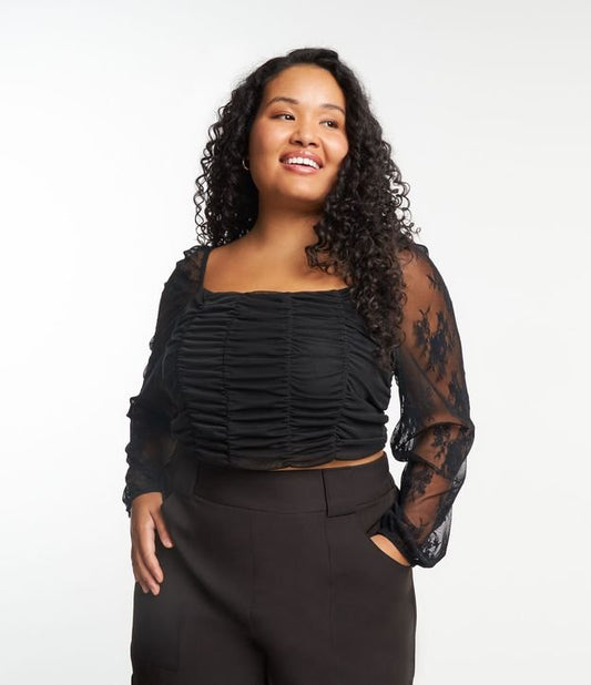 Camicetta nera in tulle con maniche in pizzo - Curve e taglie forti