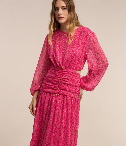 Abito in chiffon con dettaglio increspato in vita e stampa a foglie rosa