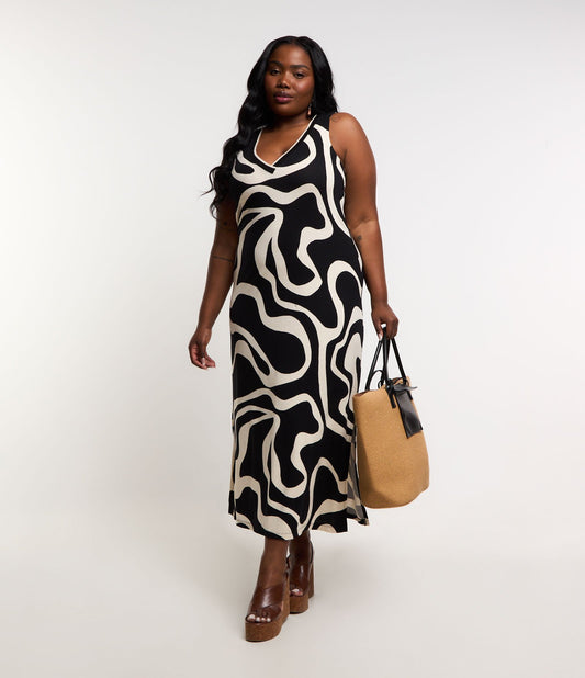 Vestito midi in crepe con stampa astratta, Curve e taglie forti, nero/bianco sporco