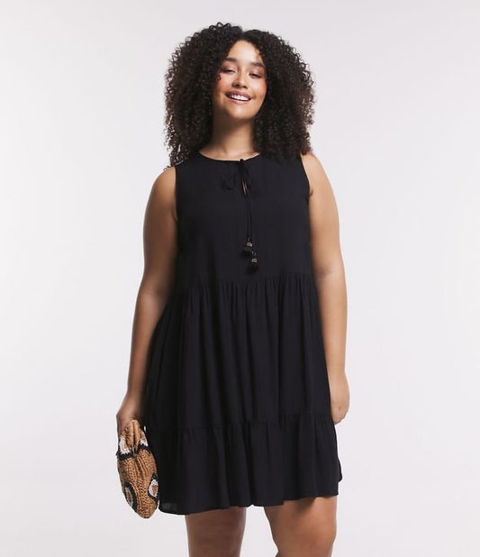 Vestido Corto de Viscosa con Cuello de Lazo y Volantes, Curvas y Tallas Grandes, Negro
