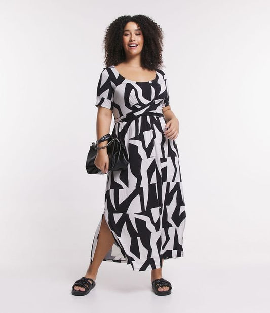 Vestito midi in viscosa con stampa astratta, Curve & Plus Size, nero/bianco