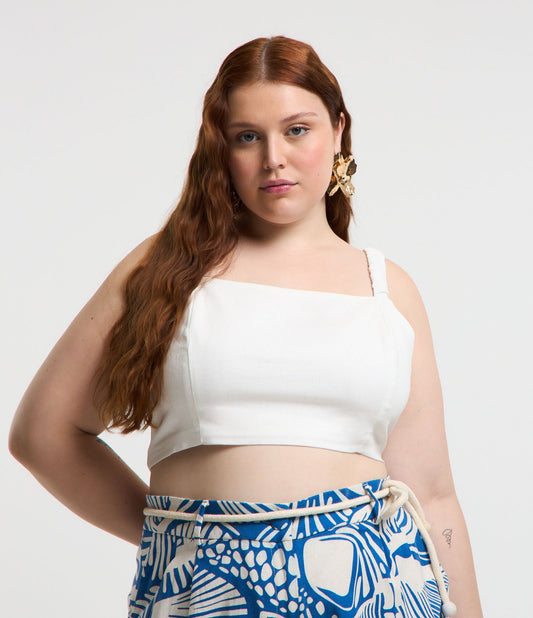 Camiseta regata cropped em viscose e linho com alças franzidas - Curve e Plus Size - Branco