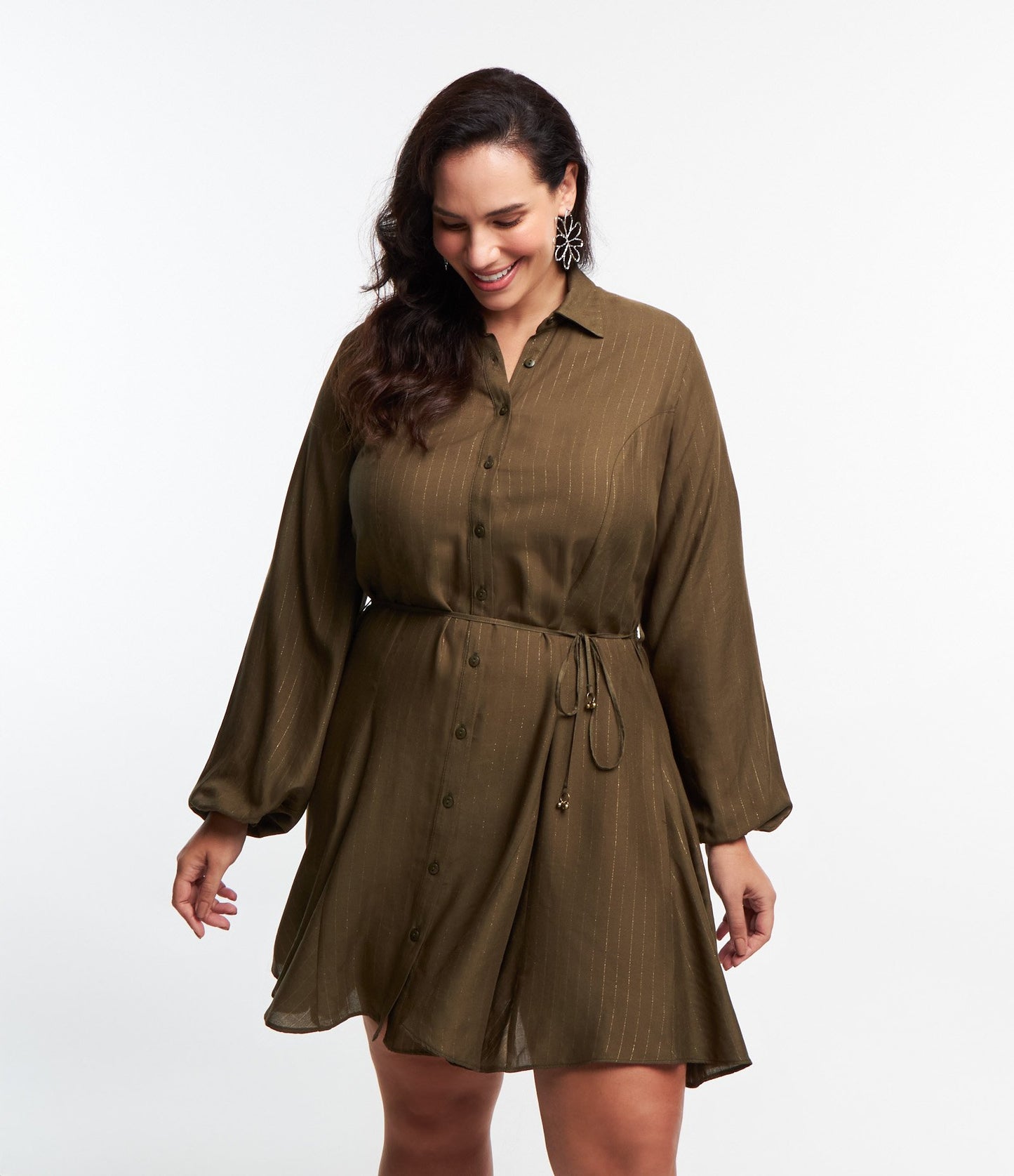 Vestido Chemise Corto de Viscosa con Hilo Metálico y Detalle de Lazo, Tallas Curvas y Grandes, Verde