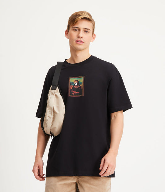 Camiseta relaxada em meia malha com estampa de ursinhos de pelúcia Mona Lisa em preto