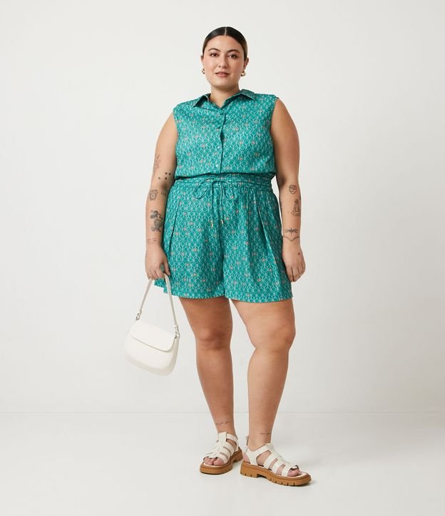 Pantalones cortos de crepé con estampado de raquetas, Curvas y tallas grandes, Verde