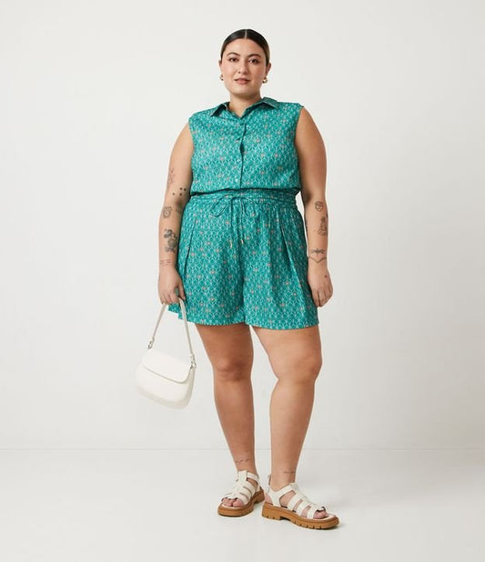 Pantalones cortos de crepé con estampado de raquetas, Curvas y tallas grandes, Verde