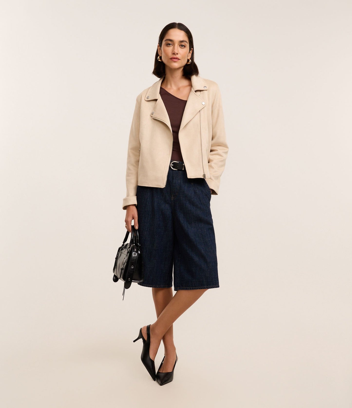 Giacca Perfecto in pelle scamosciata con colletto Bowling e tasche beige