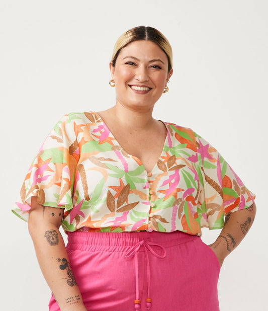 Blusa de viscose com estampa de folhagem, Curve & Plus Size, laranja