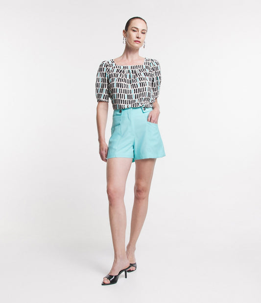 Shorts de viscose de cintura alta com botões e cós em azul turquesa