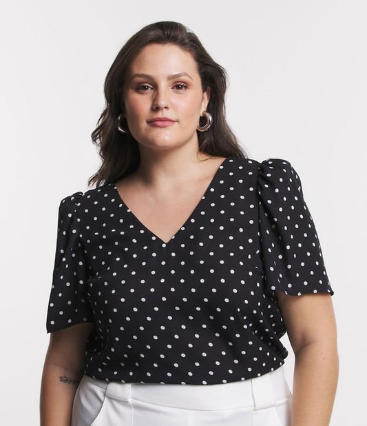 Blusa de crepé de manga abullonada con lunares, Curvas y tallas grandes, Negro