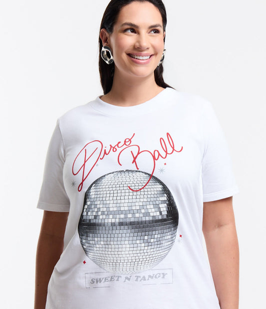 Camiseta branca de algodão com letras Disco Ball - Curve e Plus Size