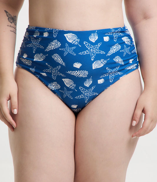 Calcinha de biquíni de cintura alta com estampa de conchas azul - Curve e Plus Size