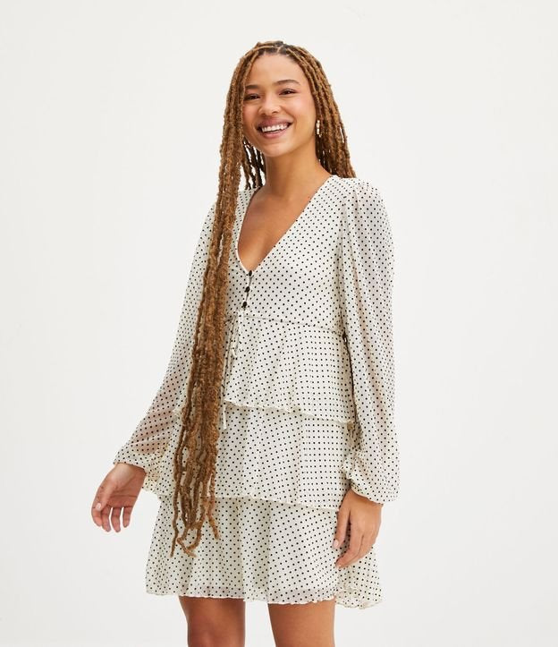 Vestito corto in tulle con volant a strati e stampa a pois in bianco e nero