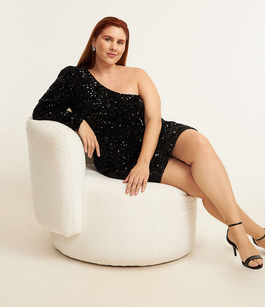 Vestido Corto de Terciopelo con Lentejuelas y Hombreras - Curvas y Tallas Grandes, Negro