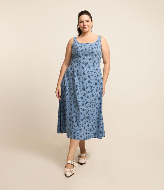 Vestito midi in twill con stampa floreale, Curve e taglie forti, blu