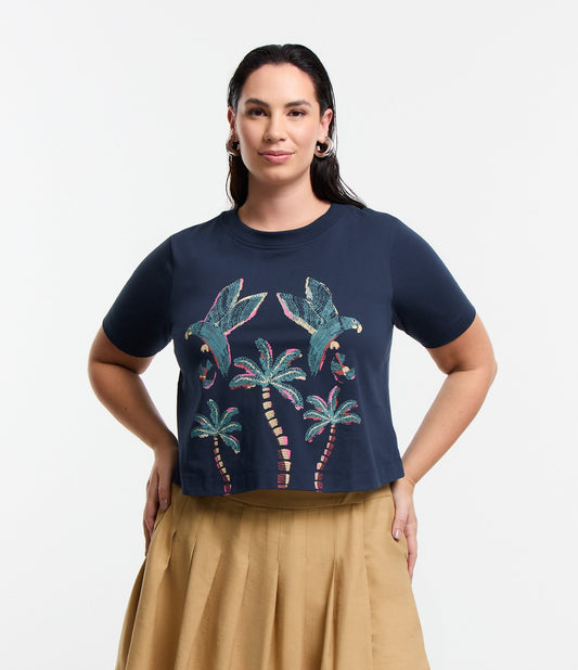 Blusa azul-marinho de algodão com estampa de palmeiras e araras, Curve e Plus Size