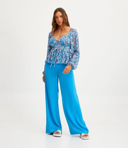 Calça de viscose de perna larga com presilhas de cinto de corda azul