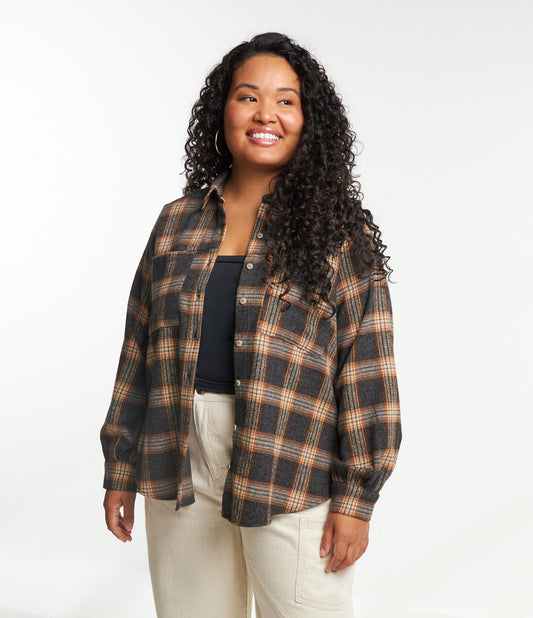 Camicia di flanella a quadri con tasche, taglie forti e taglie forti, marrone/grigio