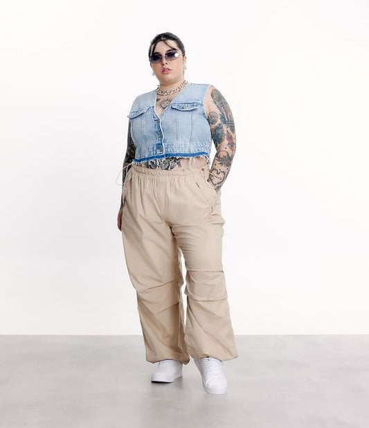 Pantalón paracaídas beige de sarga con cordones en la cintura - Tallas grandes y curvas