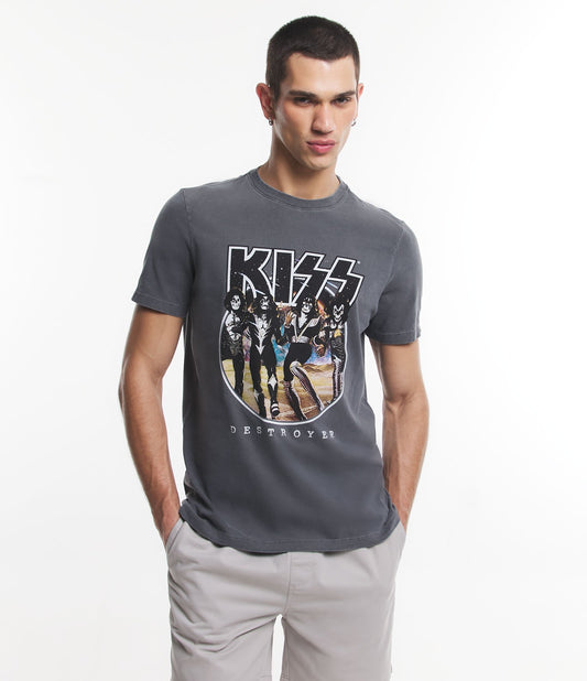 Camiseta regular Washed com estampa Kiss Destroyer em cinza Washed