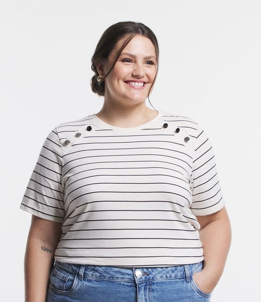 Camicetta bianca a mezza maglia con bottoni e stampa a righe, Curve & Plus Size