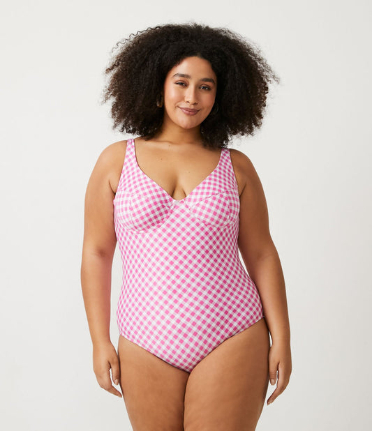 Costume da bagno a mezza coppa con stampa a quadri Vichy rosa in poliammide - Curve e taglie forti
