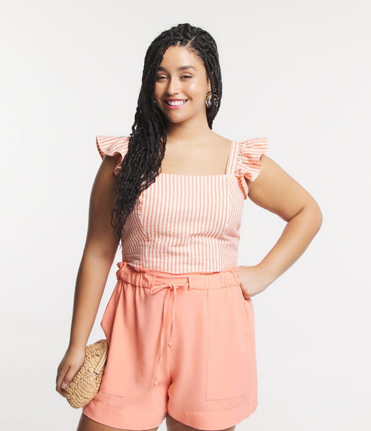 Blusa cropped em Ana Ruga com alça com babados, Curve & Plus Size, Coral/White