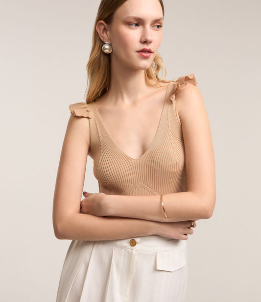 Body in maglia leggera con spalline increspate e texture beige
