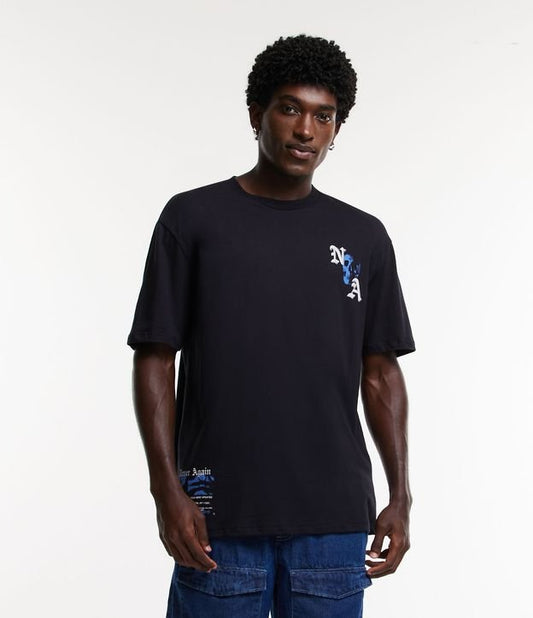 Camiseta relaxada em meia malha com estampa de caveira "Never Again" - preta