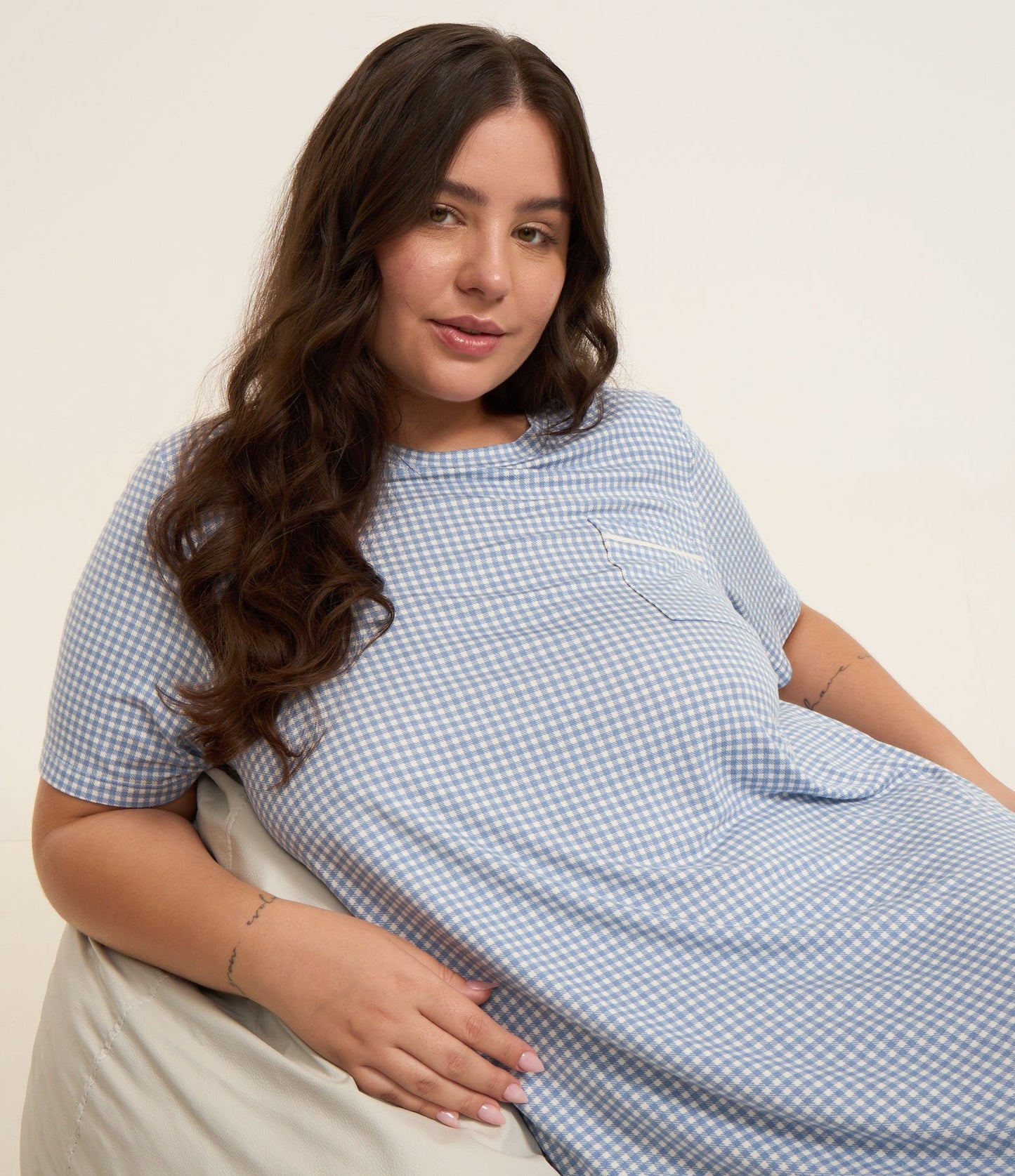 Camicia da notte in viscosa a quadri blu - Curve e taglie forti