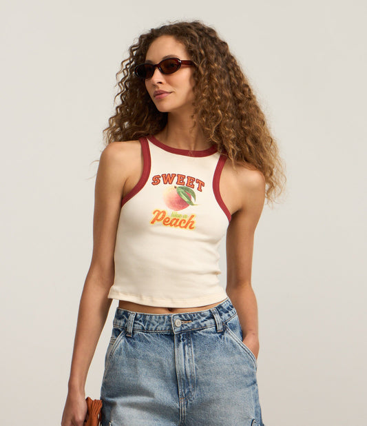 Regata de Algodão com Estampa "Doce Como um Pêssego" em Off White