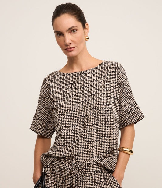 Blusa de Crepe Estampada Xadrez Pied-de-Poule em Bege/Preto