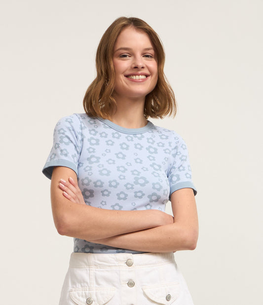 Seamless Jacquard Blouse with Blue Floral Pattern