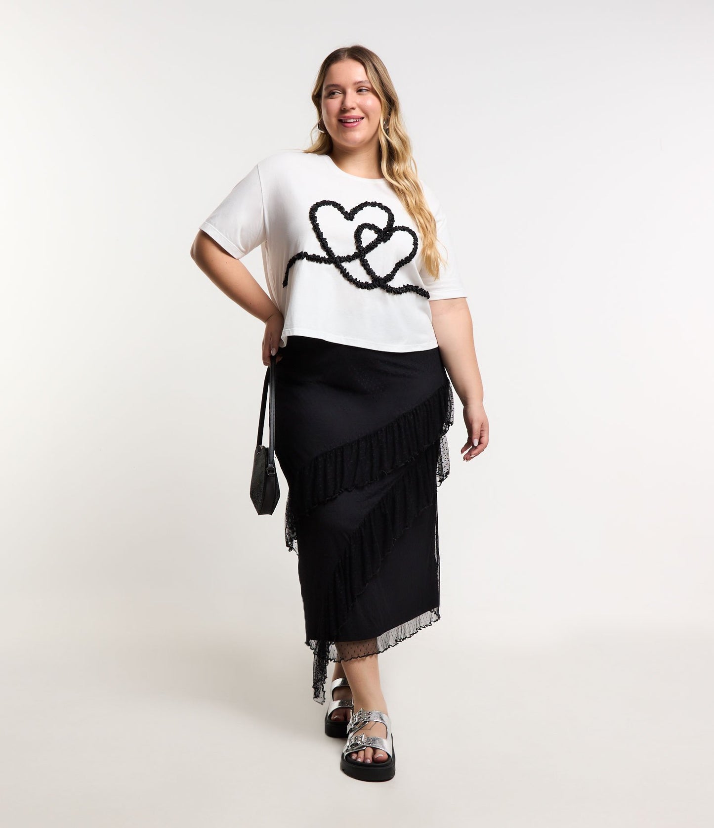 Falda Midi de Tul con Lunares, Volantes y Dobladillo Curvo - Tallas Grandes, Negro