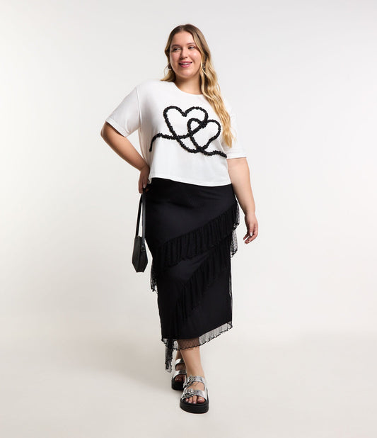 Falda Midi de Tul con Lunares, Volantes y Dobladillo Curvo - Tallas Grandes, Negro