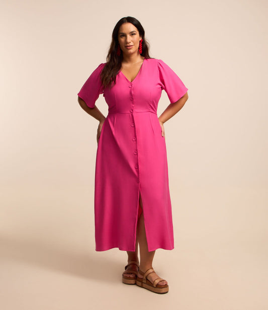 Vestito midi in viscosa con bottoni e pieghe, taglie forti e taglie forti, rosa