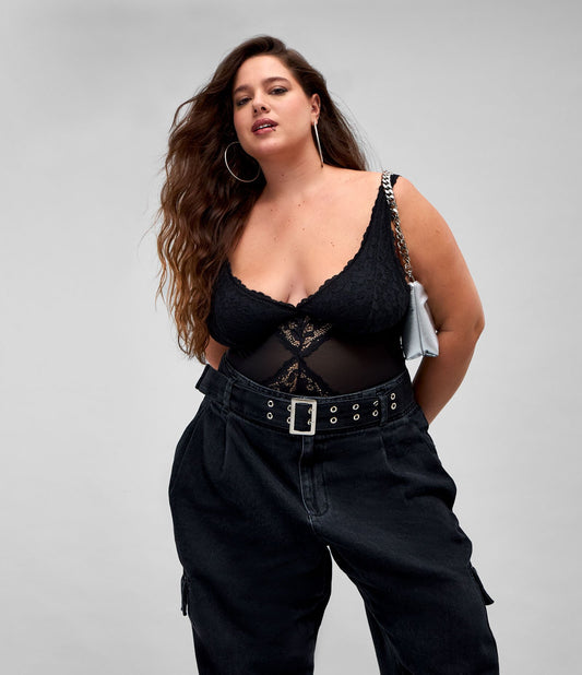 Body nero in pizzo trasparente senza imbottitura - Curve e taglie forti