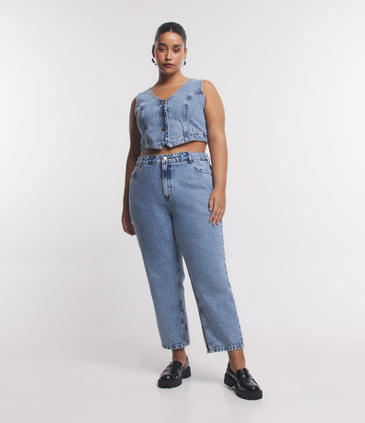 Jeans Marbled de corte reto com fenda lateral - Curve & Plus Size em Denim Blue