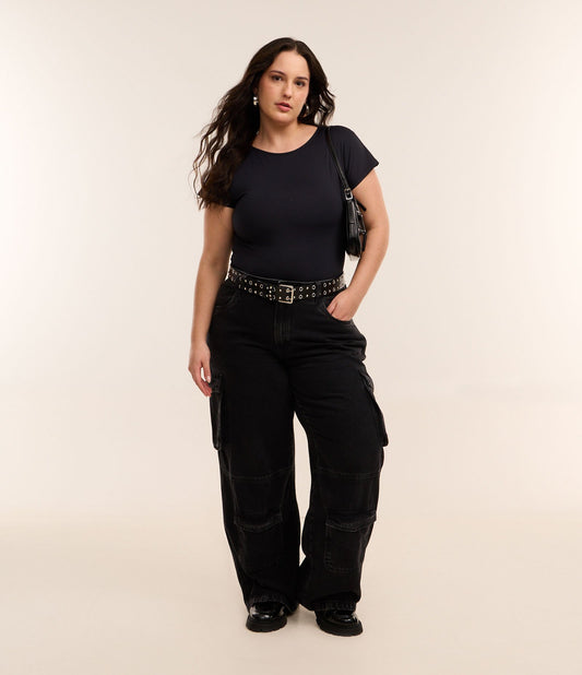 Jeans Cargo Pocket a gamba larga, Curve e taglie forti, nero