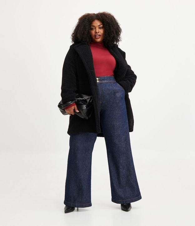 Jeans de perna larga com botões na cintura, Curve e Plus Size, azul