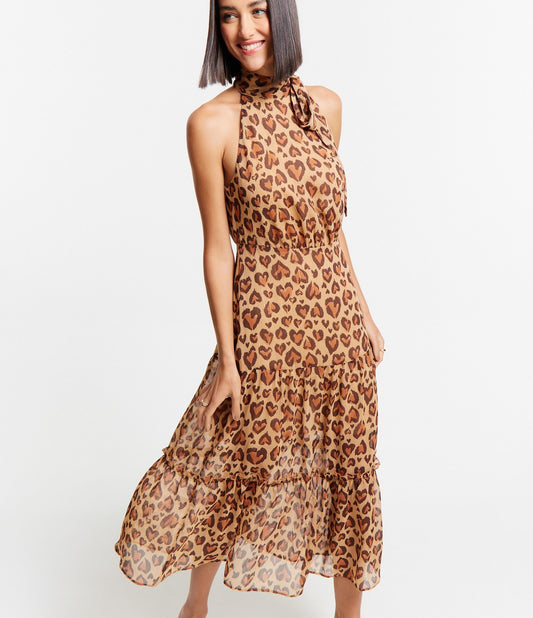 Vestido largo de gasa con cuello de lazo y estampado de corazones de leopardo marrón