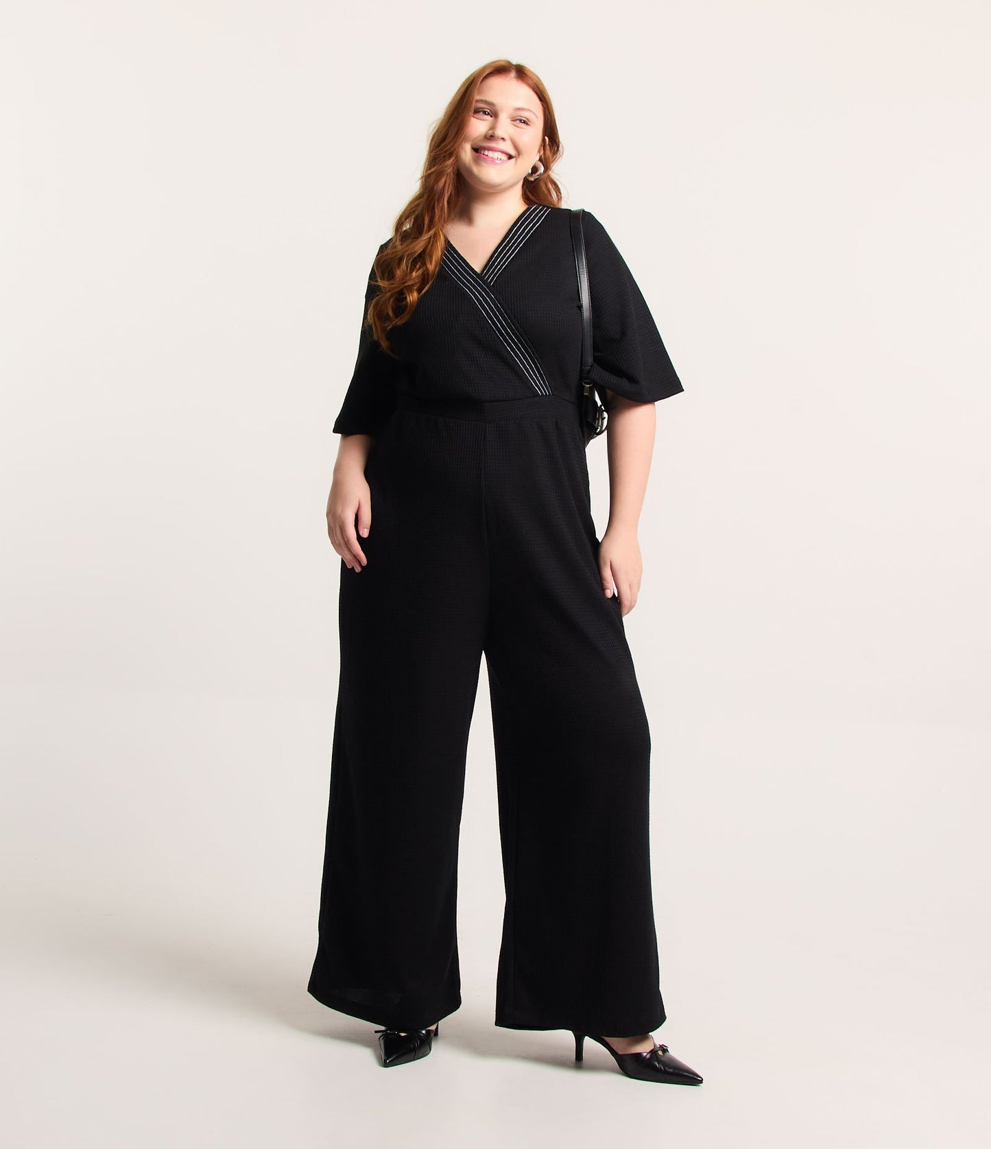Macacão longo de malha texturizada com detalhe de pesponto, Curve & Plus Size, preto