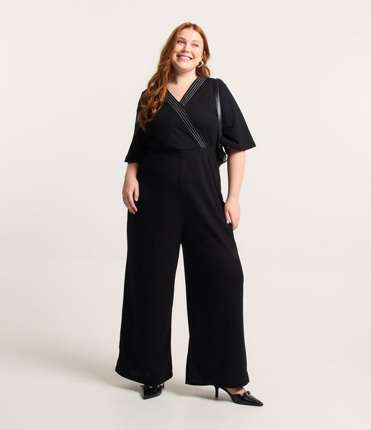 Macacão longo de malha texturizada com detalhe de pesponto, Curve & Plus Size, preto