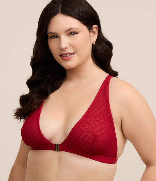 Bralette triángulo de tul con diseño de corazones, sin relleno, tallas grandes y curvas, rojo