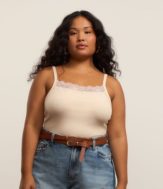 Canotta a coste beige con scollo in pizzo - Curve e taglie forti