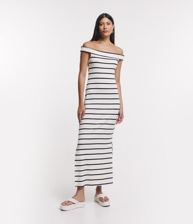 Vestido largo sin hombros de rayas acanaladas Off-White