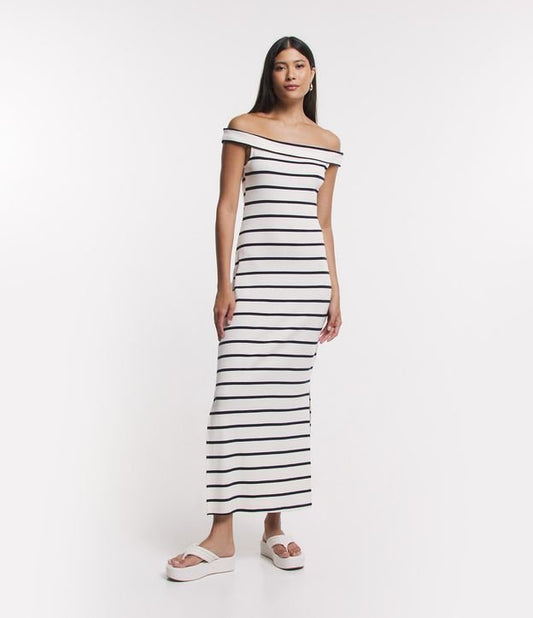 Vestido largo sin hombros de rayas acanaladas Off-White
