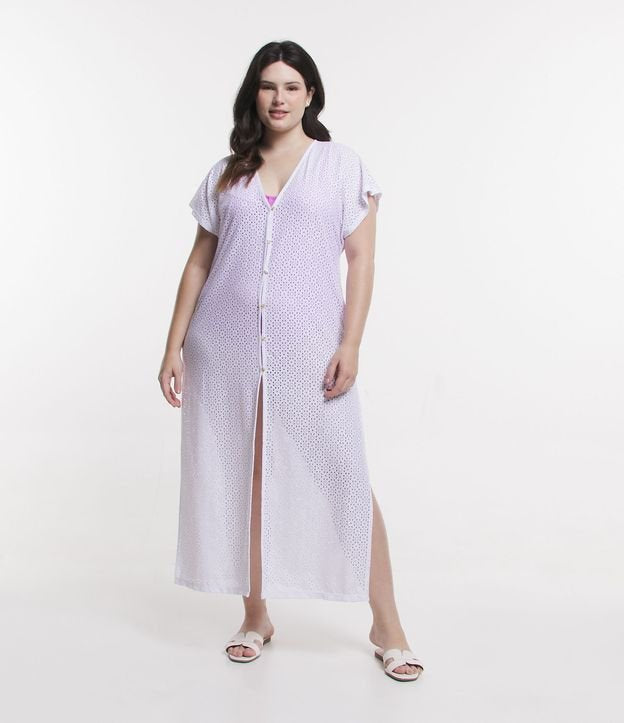 Vestido Kaftan para cobertura de praia em renda com botões, Curve e Plus Size, branco