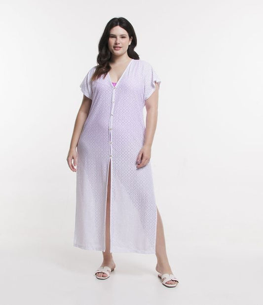 Vestido kaftán de encaje con botones, talla grande y curvas, blanco